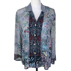 Citron Santa Monica Silk‎ Floral Button-Up Blouse S Sheer Asian Flowy Side Slit